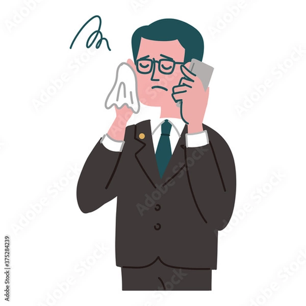 Fototapeta スーツ　士業　男性　中年　携帯電話　悩んでいる　冷や汗
