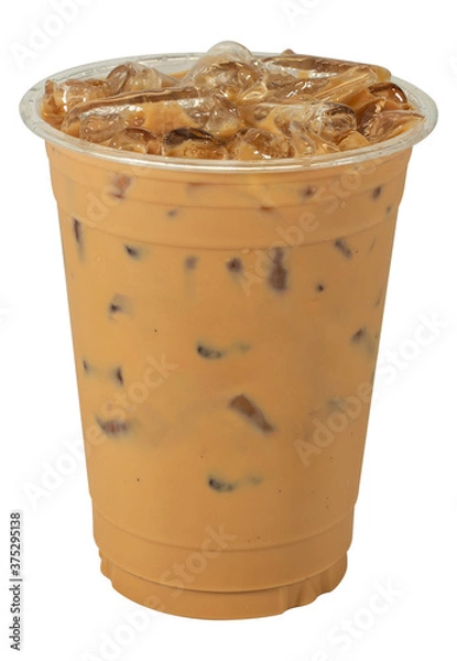 Fototapeta Realistic plastic cup on white background. Isolated Mock up Cold beaverage di cut with cliping path. Template block with blank space. Iced fresh aroma coffee latte with cream milk  in ice cubes.