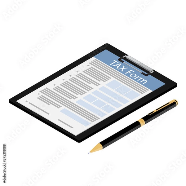 Fototapeta Isometric black clipboard with tax form and ballpoint pen icon isolated on white background.