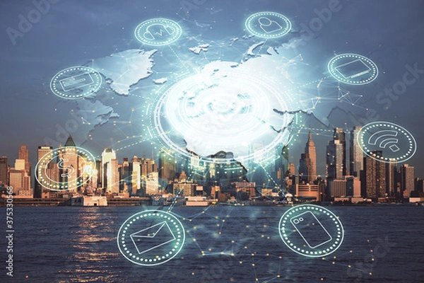 Fototapeta Double exposure of social network theme drawing and cityscape background. Concept of people connecton.