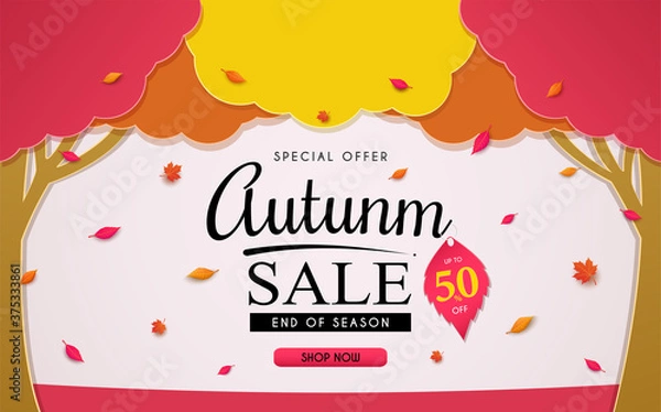 Fototapeta special offer autumn. and sales banner Design. and colorful seasonal fall leaves. and for shopping discount promotion. and frame leaflet or web banner. and used as illustration or background.
