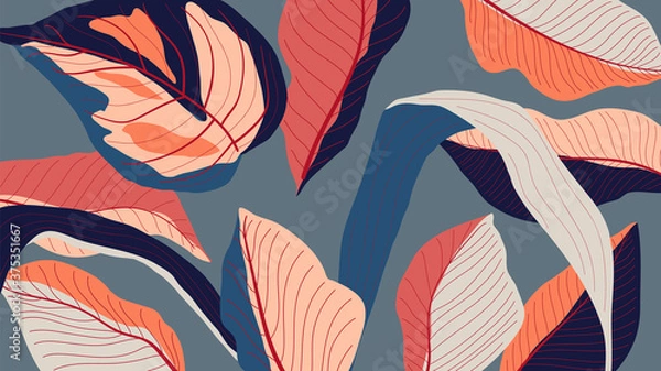 Fototapeta Luxury golden art deco wallpaper. Nature background vector. Floral pattern with golden split-leaf Philodendron plant with monstera plant line art on dark color background. Vector illustration.