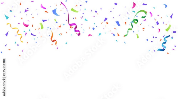 Fototapeta Vector abstract background with many falling tiny colorful confetti pieces and ribbon. Carnival, Christmas or New Year decoration colorful party pennants for birthday , festival