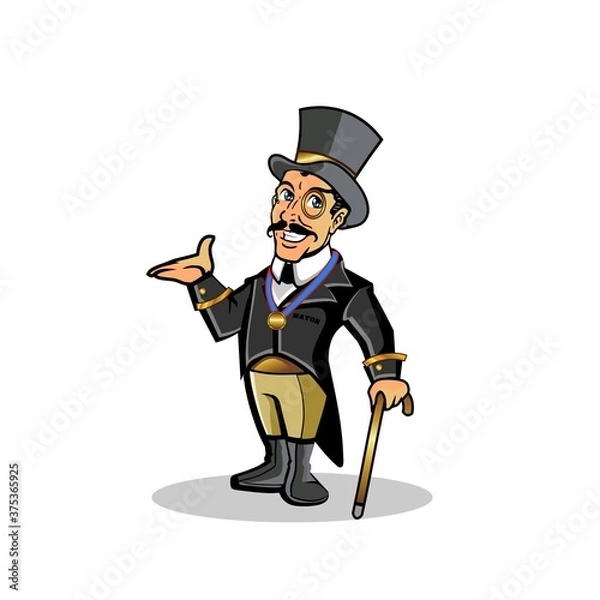 Fototapeta Smiling Mayor Mascot Illustration Top Hat Fancy Men Suit One Eye Glasses and Mustache