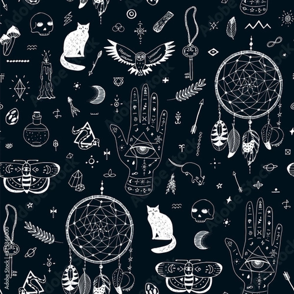 Fototapeta Occult mistyca halloween witch hand drawn seamless vector pattern