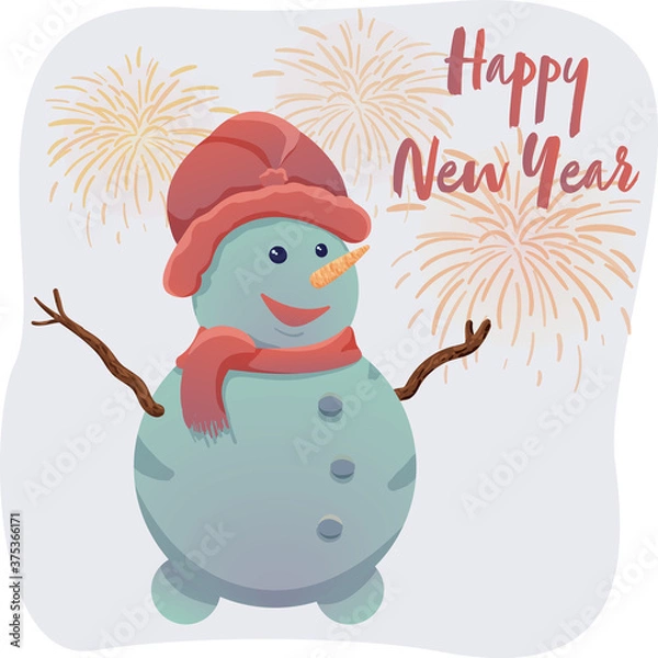 Fototapeta Lettering Happy New Year with snowman in hat and scarf and fireworks vector flat illustration. Christmas card, poster. New year style, holidays vibes, christmas mood. 