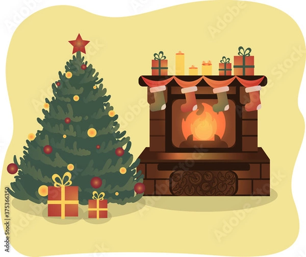 Fototapeta Christmas tree and Fireplace and with christmas decorations vector flat illustration. Fireplace with fire and socks, gifts, candle and spruce with balls and star. New year style, holidays vibes.