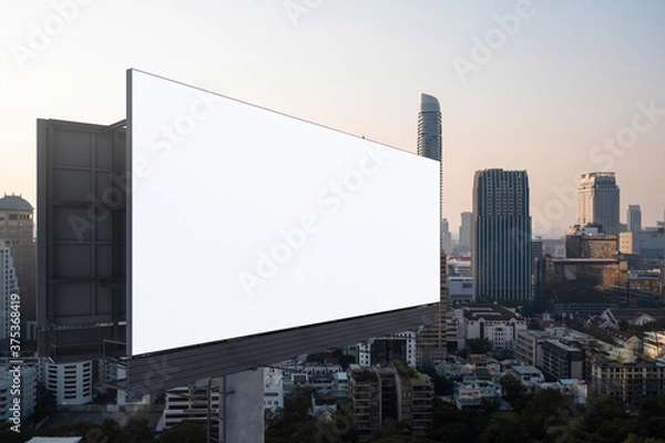 Fototapeta Blank white road billboard with Bangkok cityscape background at sunset. Street advertising poster, mock up, 3D rendering. Side view. The concept of marketing communication to promote or sell idea.