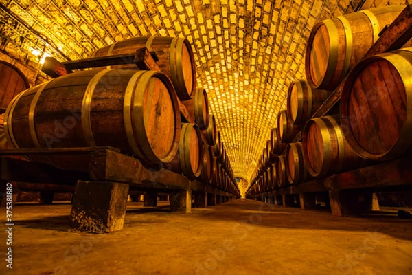 Fototapeta Oak barrels in wine cellars, Changli County, Hebei Province, China