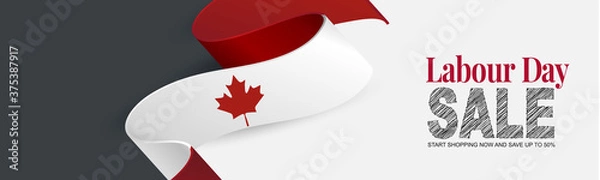 Fototapeta Canada Labour Day  sale banner. or header or header Canadian waving ribbon flag background. National workers holiday concept. Vector illustration.