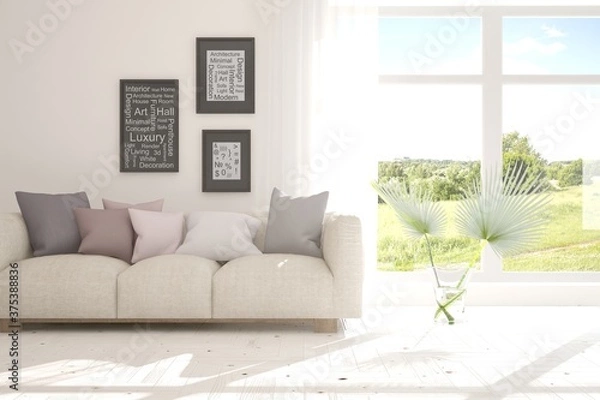 Fototapeta White stylish minimalist room with sofa and summer landscape in window. Scandinavian interior design. 3D illustration