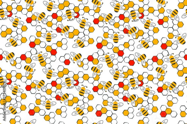Obraz Bee and beehives red yellow seamless vector pattern