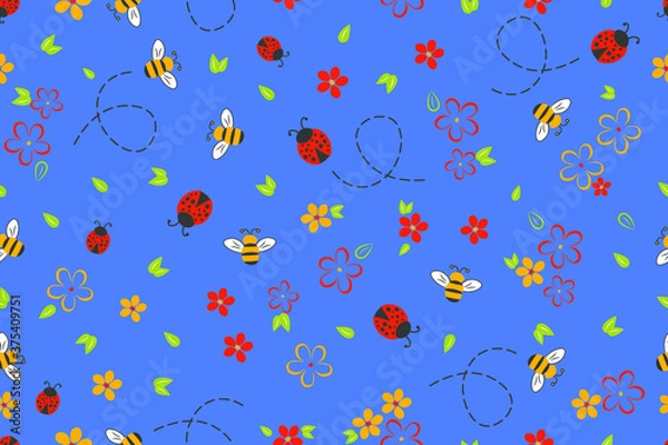 Obraz Ladybugs and bees floral seamless vector pattern