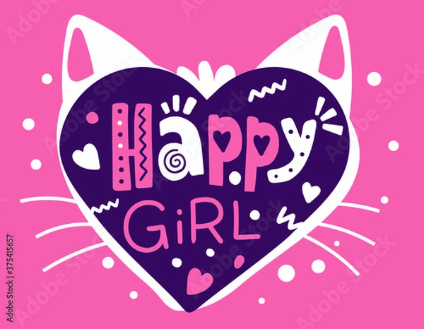 Obraz Vector girly poster with bright cat heart with ears and header