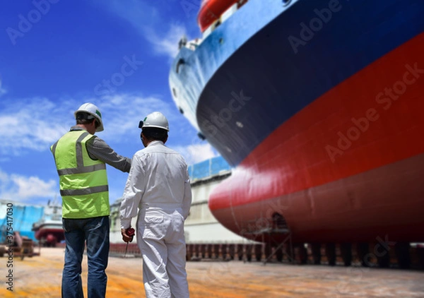 Fototapeta Workers, Engineers discuss ship repair plans On The Dock At The Shipyard with free copy space