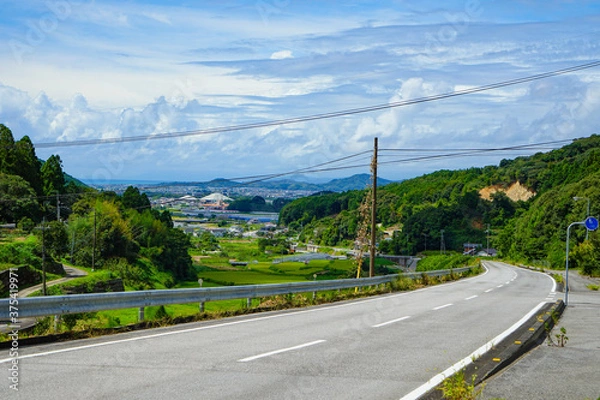 Obraz 山あいの田園地帯とカーブをえがく道　高知県香南市