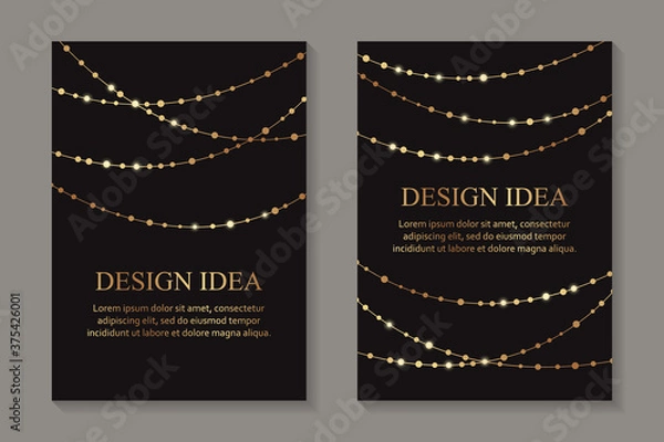 Fototapeta Modern geometric luxury wedding invitation design or card templates for birthday greeting or certificate or poster with golden shiny garlands or beads on a black background.