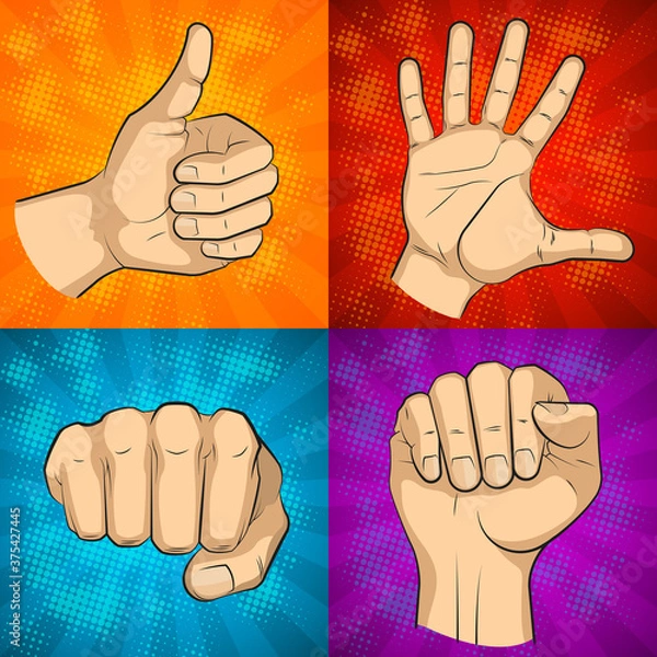 Fototapeta Wrist of people comics sketch picture set. Cartoon palm man's hand banner illustration. Human individual gesture of fives fingers drawing outline. People knukle gesture collection
