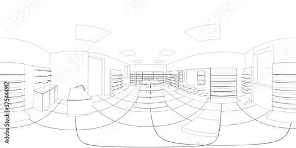Fototapeta spherical panorama of the interior, contour visualization, 3D illustration, sketch, outline
