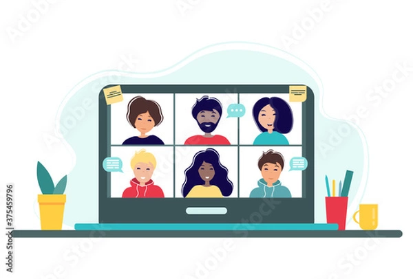 Obraz Online meeting via group call. Home office concept with laptop, plant and cup. Group of people doing video conference. Vector illustration in flat style. Stay at home. Self-isolation.