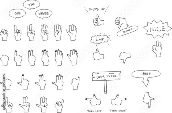 Fototapeta ハンドサインの手描き風イラストセット　線画