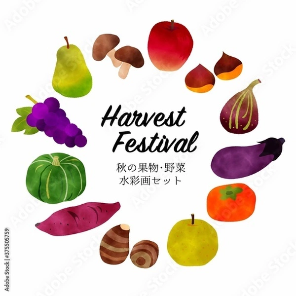 Obraz watercolor vector　秋の果物野菜セット水彩.