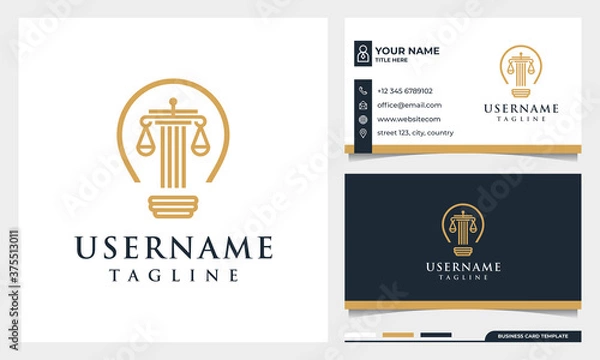 Fototapeta Law firm, attorney, pillar and Light bulb line art style logo design with business card template