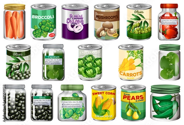 Fototapeta Set of different canned food and food in jars isolated