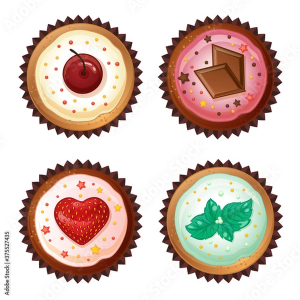 Fototapeta Set of vector cupcakes with cherries, chocolate, strawberries and mint. Top view flat icon.