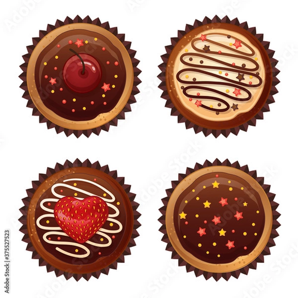Fototapeta Set of vector chocolate cakes with cherries, strawberries and sprinkles. Top view flat icon.
