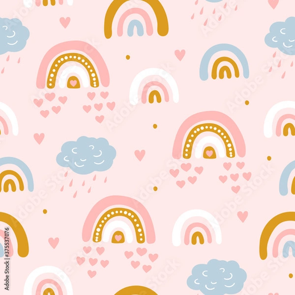 Fototapeta Seamless pattern with cloud and rainbow in the sky.  Creative kids hand drawn texture for fabric, wrapping, textile, wallpaper, apparel. Vector illustration