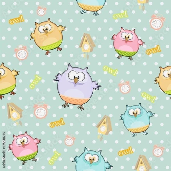 Fototapeta Children's background with an owl on a blue polka dot background. Vector owls on a seamless pattern.