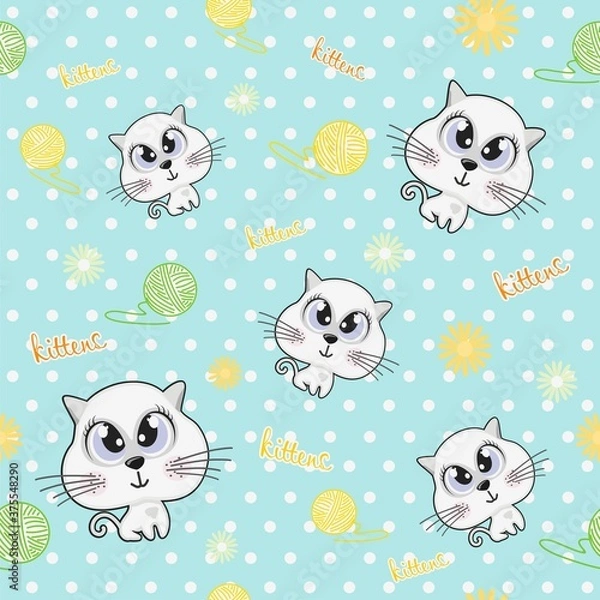 Fototapeta Obraz kociąt na tle bez szwu polka dot. Wektor kot z piłką sznurka i kwiatów na niebieskim tle.