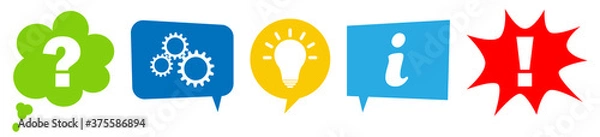 Fototapeta Sprechblasen Set mit Prozess Schritten von der Frage, Bearbeitung, Idee bis zur Ausführung