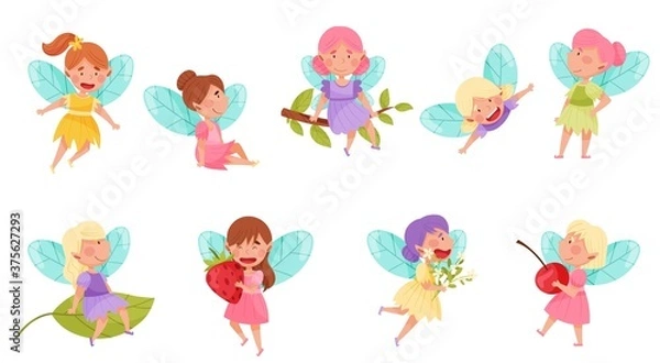 Fototapeta Little Fairies or Pixies with Wings Hovering and Flying Vector Illustration Set