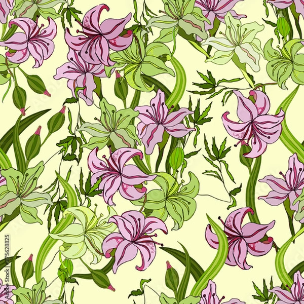 Fototapeta Seamless pattern of flowers and leaves on a light background. Colorful composition. Doodle style