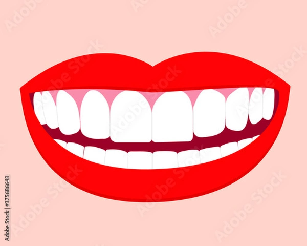 Fototapeta Illustration of smile mouth with perfect white teeth and red lips. Vector isolated elements EPS10