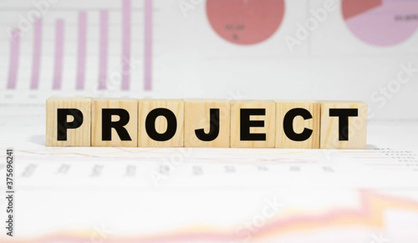 Obraz PROJECT the word on wooden cubes, cubes stand on a reflective surface, in the background is a business diagram. Business and finance concept