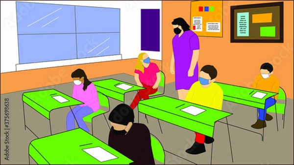 Fototapeta Niños en su aula, aprendiendo de su maestro, con todos los estándares de bio seguridad, respetando el aislamiento

