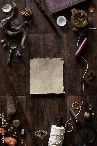 Obraz autumn themed collection of curiosities flat lay mockup with copyspace, witchy things on desk with room for copy or art mock up