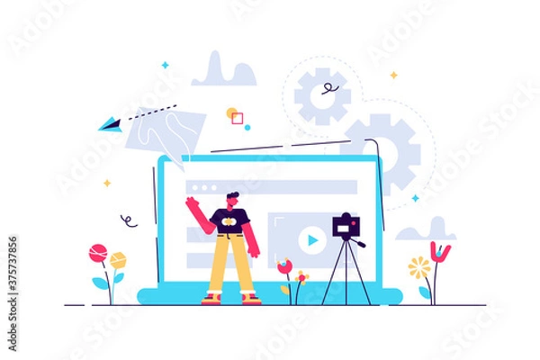 Fototapeta A man in front of camera recording a video