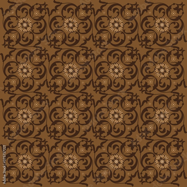 Fototapeta Beautiful floral motifs on Central java batik with dark brown color simple design.