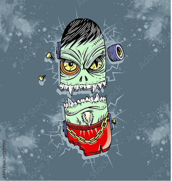 Obraz Colorful vector illustration in cartoon style, of imaginary, broken skateboard with monster face.
