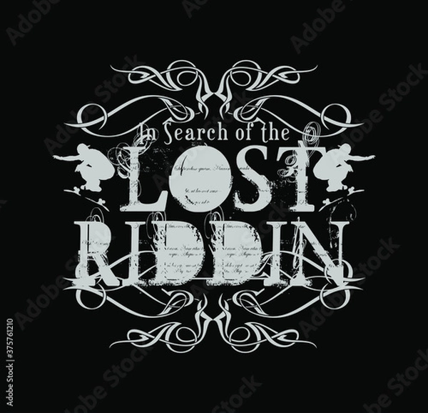 Obraz Vector illustration of letters in a rustic style with ornaments and silhouettes of skateboarders.