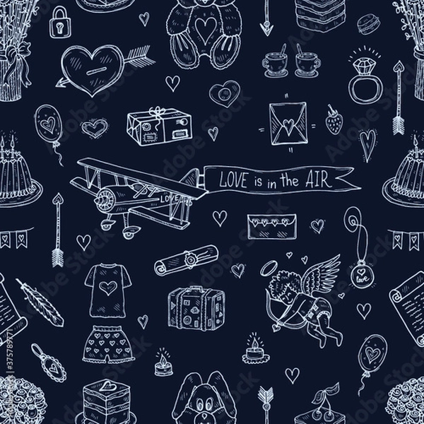 Fototapeta Seamless pattern with cute hand drawn Valentines Day icons. Love collection. Vector