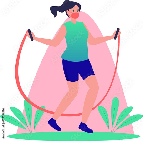Fototapeta Masked woman exercising using jumping rope at home illustration