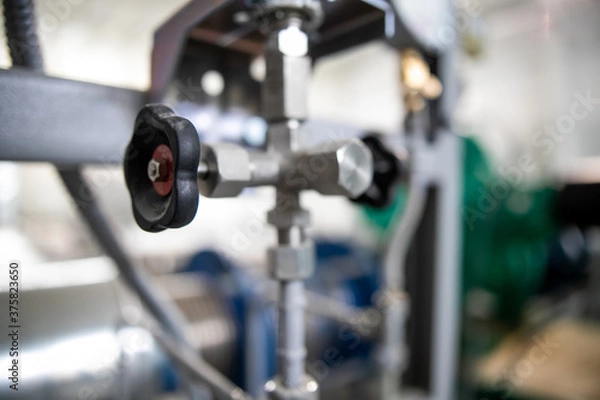 Fototapeta Close-up of industrial gate valve with focus on stem and nut of the hand wheel