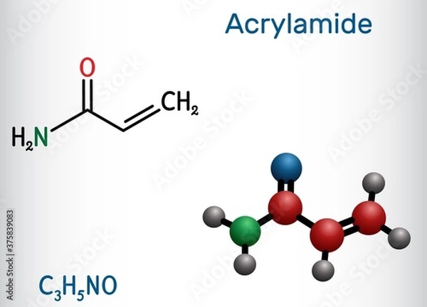 Obraz Acrylamide, ACR, acrylic amide molecule. It is as a precursor to polyacrylamides. Structural chemical formula and molecule model. Vector illustration