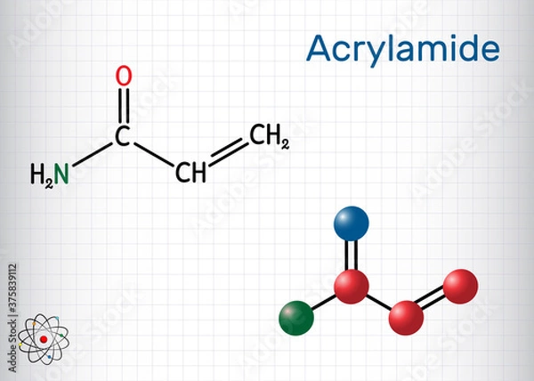 Fototapeta Acrylamide, ACR, acrylic amide molecule. It is as a precursor to polyacrylamides. Structural chemical formula and molecule model. Sheet of paper in a cage