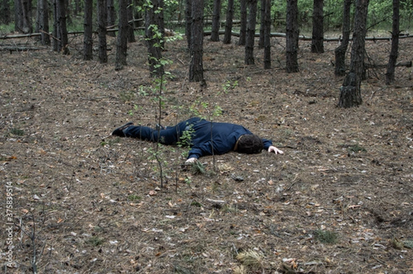 Obraz Murder in the woods. The body of a man in a blue shirt and trousers lies on the ground among the trees in the forest. Victim of an attack.